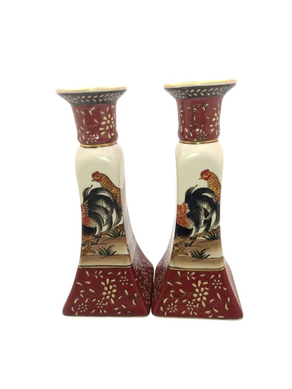 Asian Chinese Made Pair of Porcelain Rooster Chicken Candesticks Taper Candles